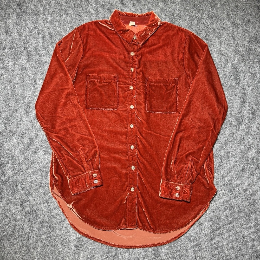 Pilcro Anthropologie Hadley Relaxed Velvet‎ Button Up Burnt Orange Women Sz XS